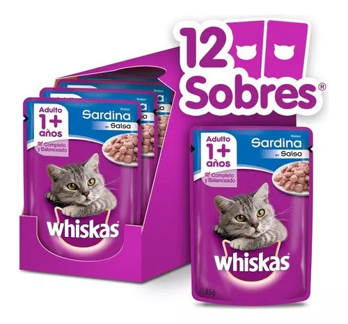 WHISKAS CAJA 12 UNIDADES POUCH SABOR SARDINA 85 GR